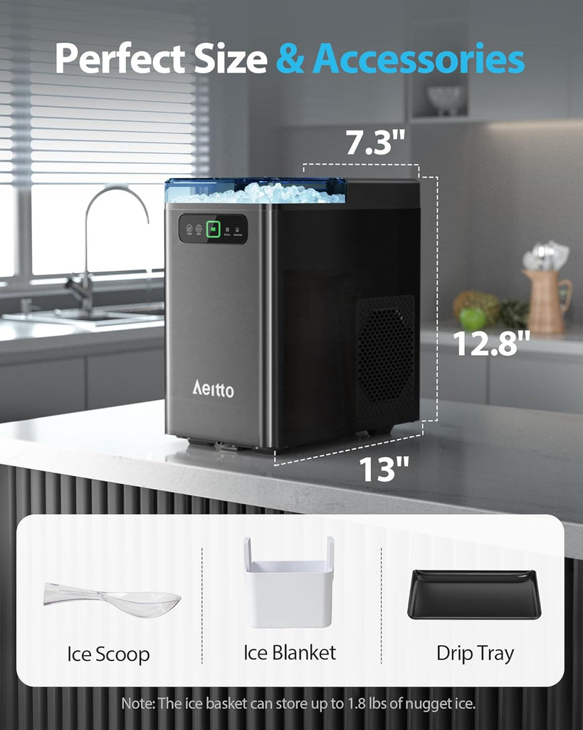 Nugget Ice Maker Countertop, Pellet Ice Machine Soft Chewable Ice 40lbs/Day, One-Click Operation, Auto Self-Cleaning
