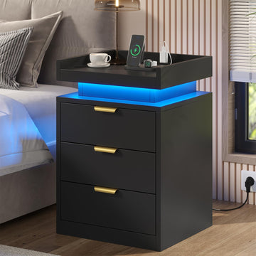 LED Nightstand with Charging Station & USB Ports, 3-Drawer Bedside Table with Adjustable RGB LED Lights, High-Gloss