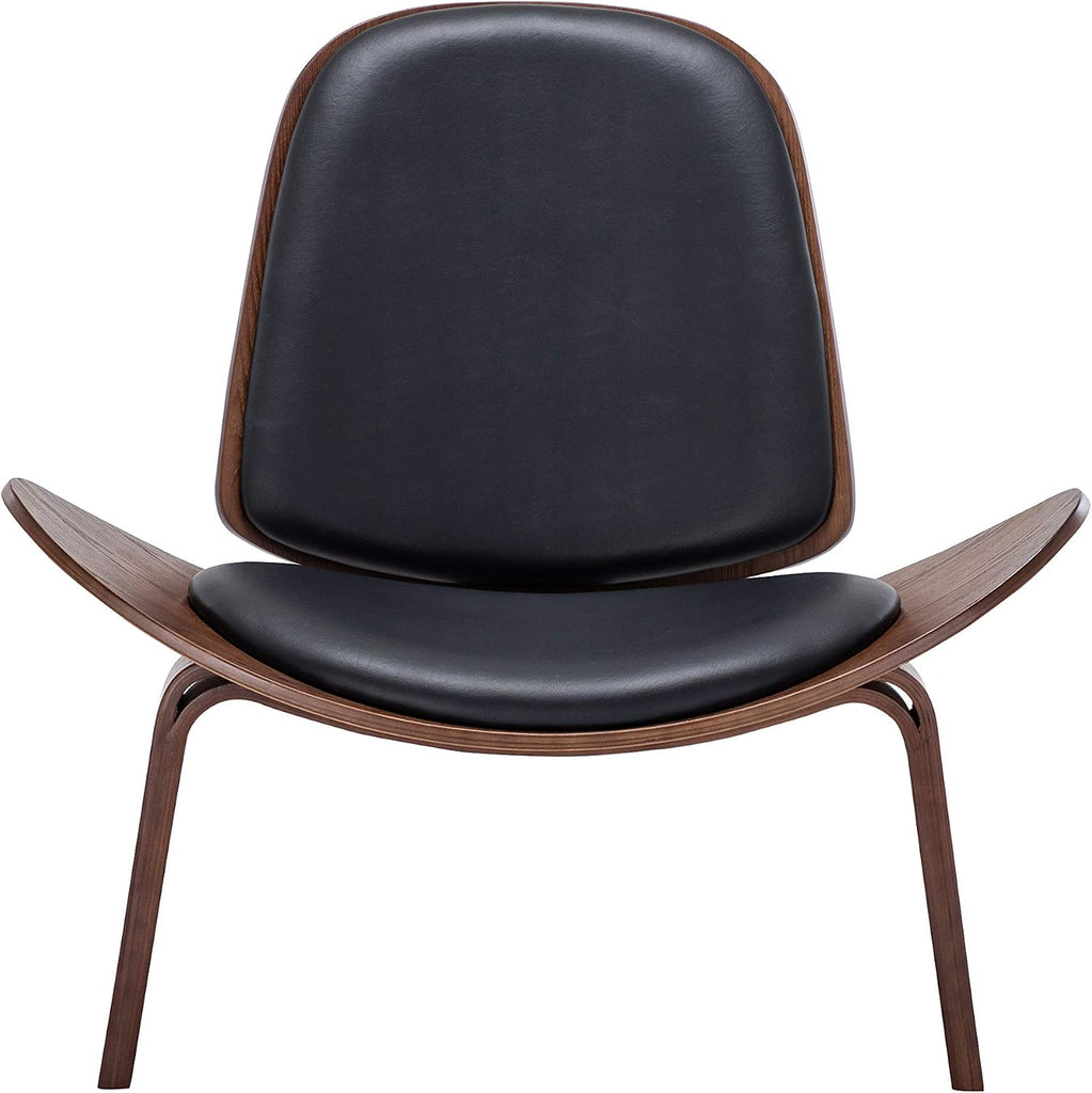 Mid Century Modern Tripod Plywood Lounge Chair Walnut Bentwood Upholstered Faux Leather, Black