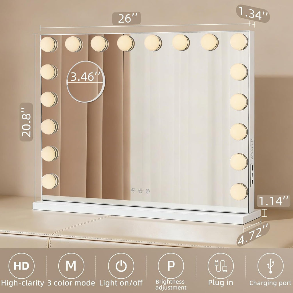 Large Vanity Mirror with Lights, 26"x20.9" Hollywood Mirror with 10X Magnification, 18 Dimmable LED Bulbs & 3 Color