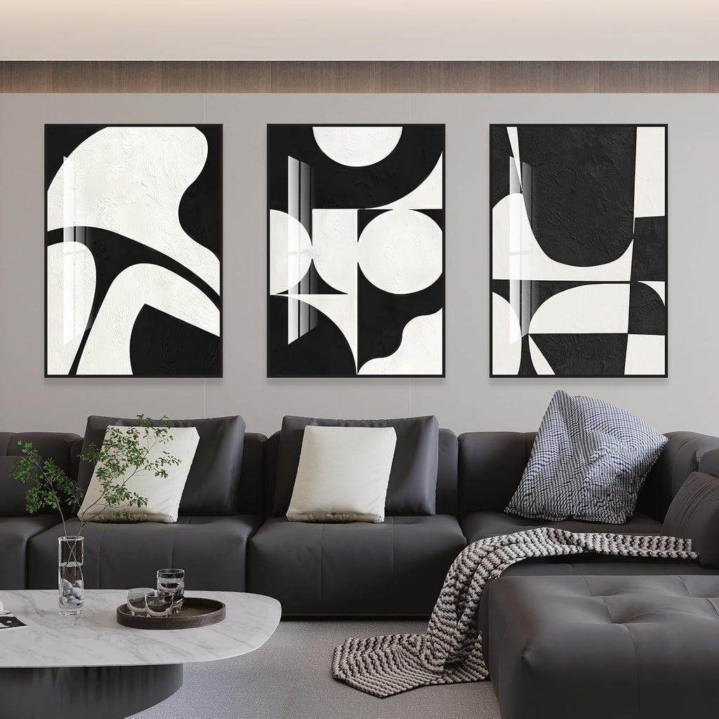 Modern Abstract Wall Art Large Geometric Canvas Paintings Bedroom and Bathroom High Gloss Black and White Minimalist