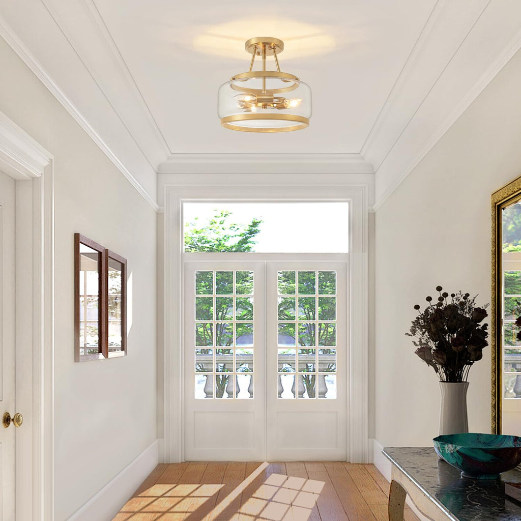 11.81" Brushed Gold Semi Flush Mount Ceiling Light, Modern Glass Drum Light Fixtures, 3-Light Golden Ceiling Lights