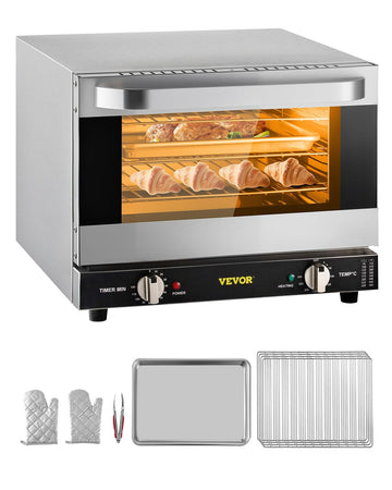 Commercial Convection Oven, 21L/19Qt, Quarter-Size Conventional Oven Countertop, 1440W 3-Tier Toaster w/Front Glass