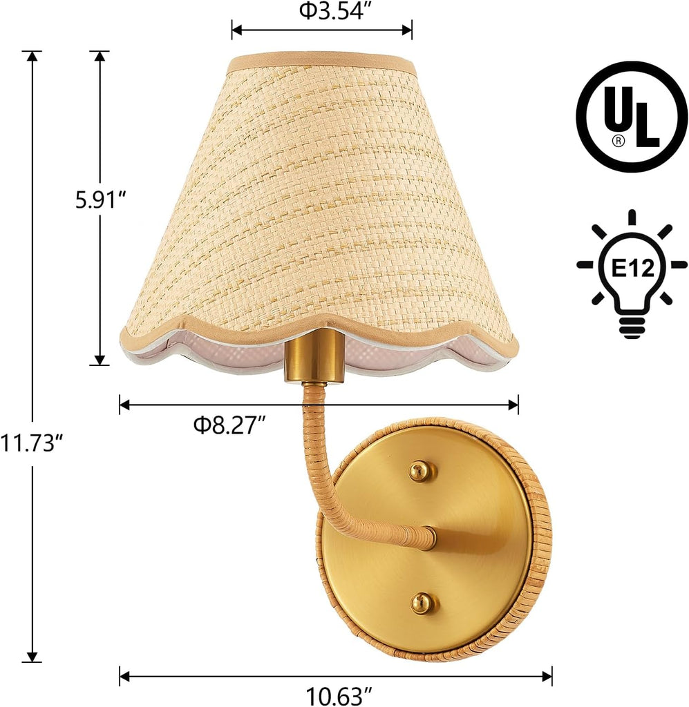 Elycucpa Boho Hand Woven Rattan Wall Sconces Set of Two Rustic Industrial Wall Lamp Brass Farmhouse Wall Lights for Bedroom Living Room Hallway Vanity, Dia 11”, UL Listed
