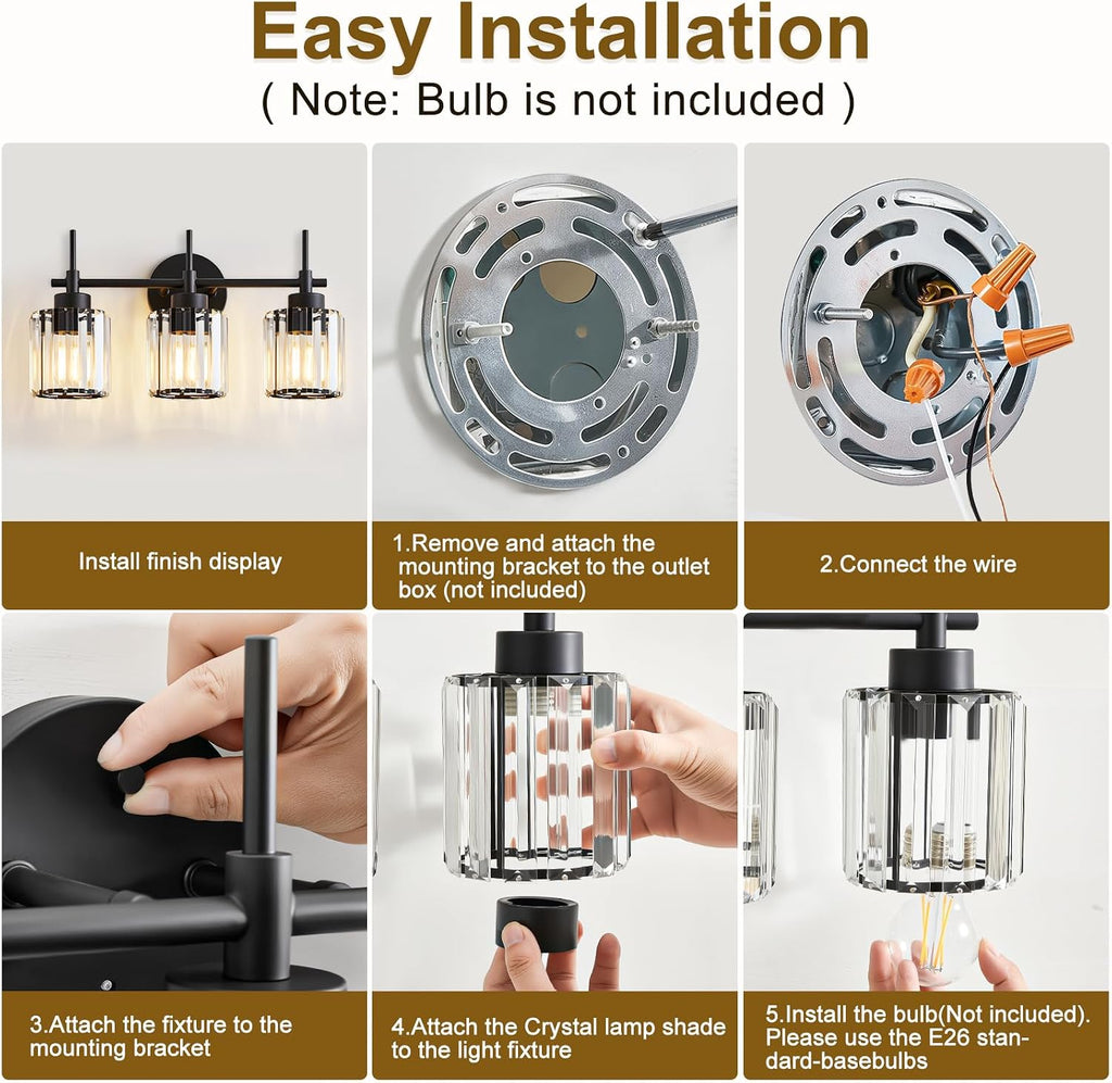 3 Light Black Crystal Vanity Light, Modern Bathroom Vanity Light Over Mirror, Up and Down Mount Wall Sconce Lighting