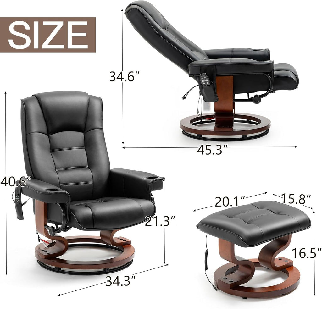 Modern Reclining Swivel Lounge Chair and Ottoman — Black Faux Leather