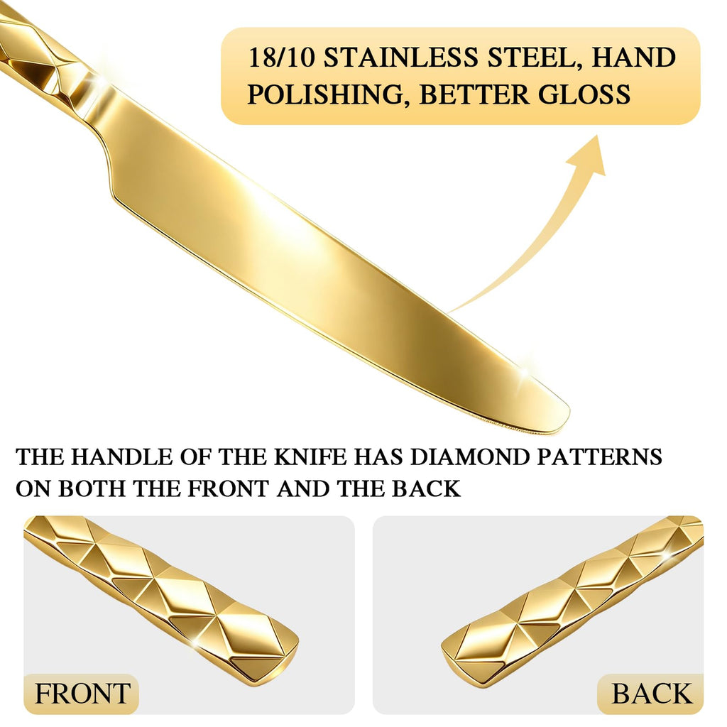 Gold Silverware Set Diamond Cut Pattern 20-Piece Service for 4