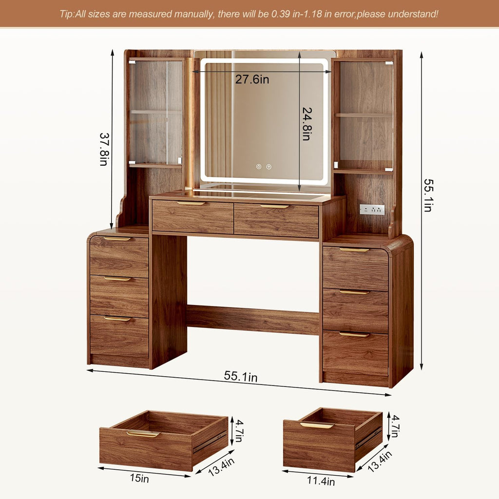 55" Makeup Vanity Desk with Mirror & Lights,Big Vanity Desk with 8 Drawers and Charging Station, Dressing Table with