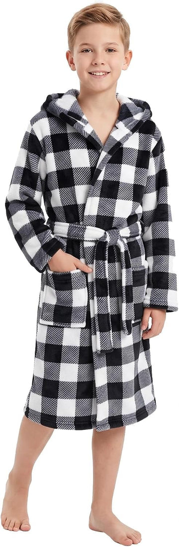 Boys Fleece Hooded Robe, Soft Print Bathrobe Kids 5-14(Black Plaid7-8)