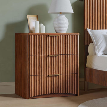 Fluted Nightstand, Walnut Bedside Table with 3 Drawers, Wood End Table with Storage Mid Century Modern, Large Night
