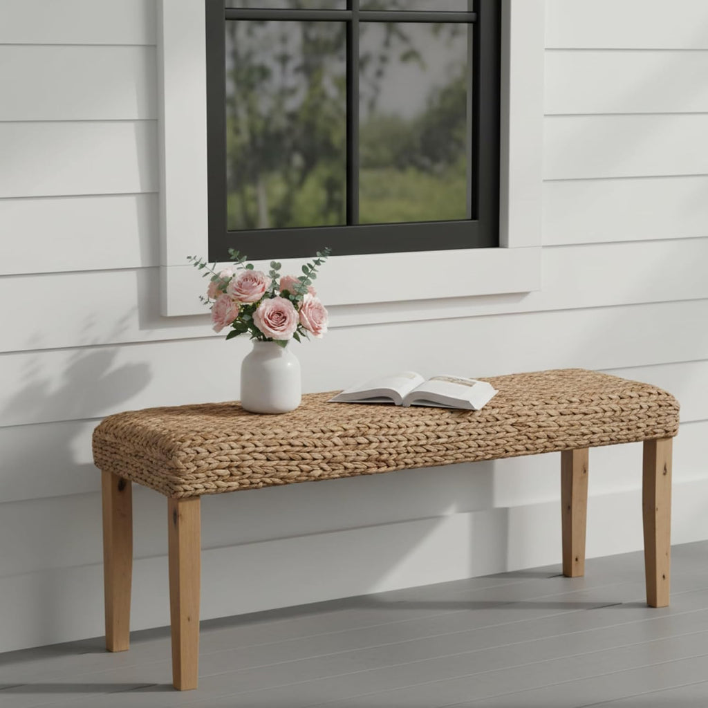 Solid Wood Acacia Indoor Bench, 47 Inch Water Hyacinth Seat, Fishbone Style | Natural Woven Seat, Living Room or