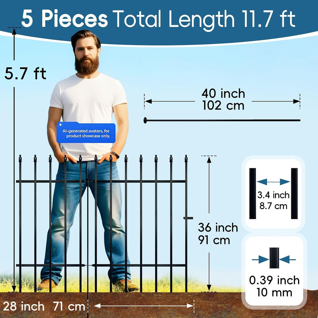 Metal Garden Fence 36" H x 28" W, 5 Panels (4 Panels + 1 Gate), Total 11.6 feet, Metal Border Folding Fence