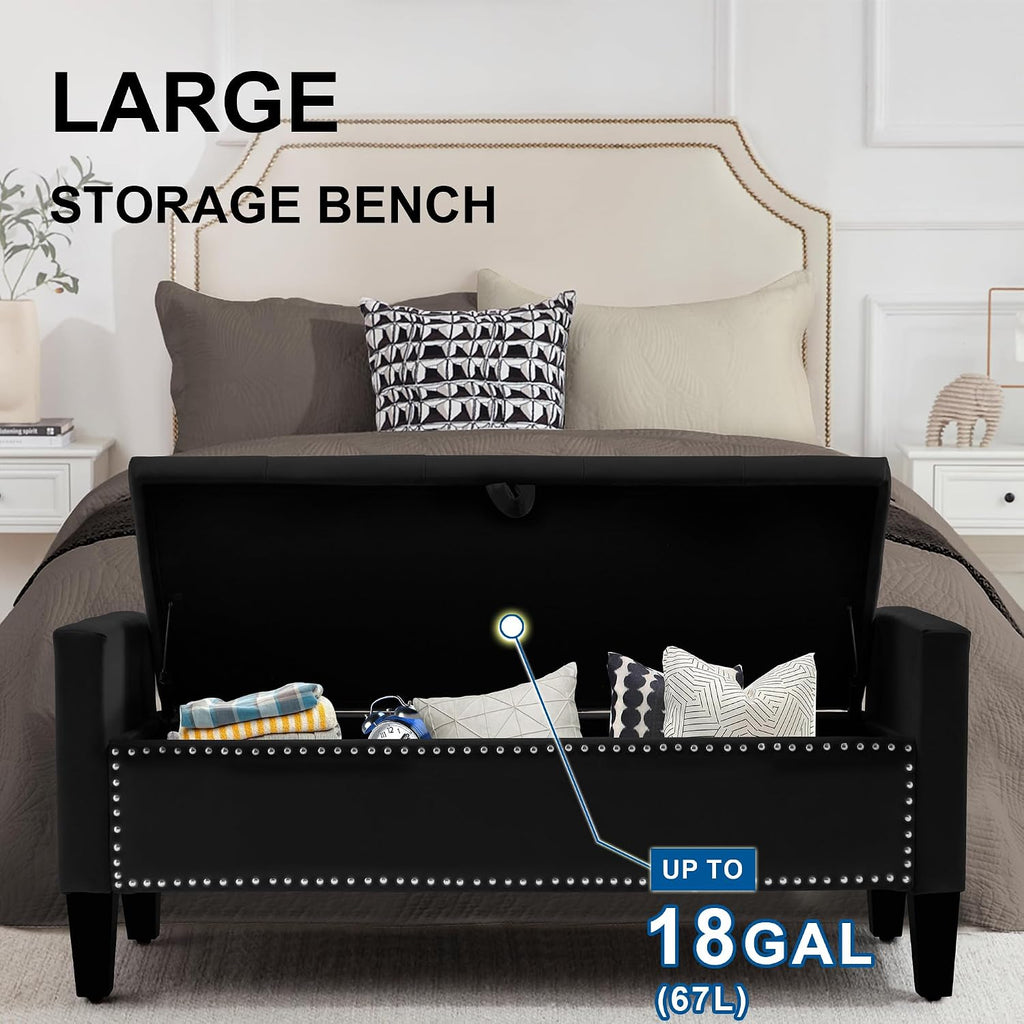Storage Ottoman Bench, Velvet Upholstered Footstool , Tufted Seat with Storage, Wooden Legs & Metal Rivets, Black