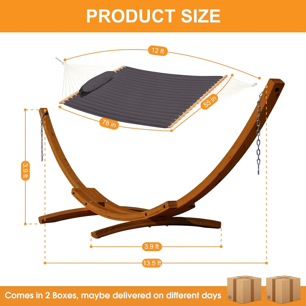 12 FT Double Quilted Fabric Hammock and 13 FT Brown Wood Arc Stand, with Spreader Bar, Removable Pillow, 2 Person
