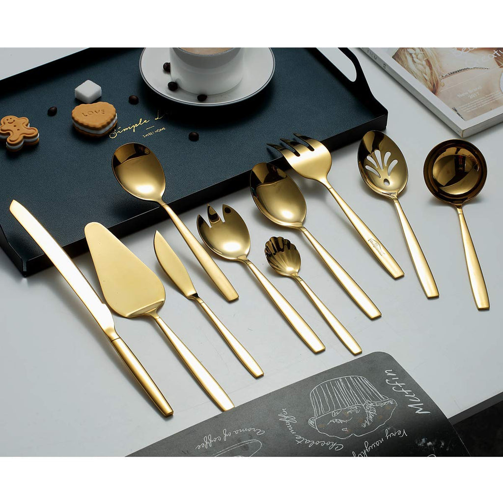 Gold Serving Utensils 10 Pieces, Titanium Golden Plating Serving Spoons, Included Cake Knife Cake Server Serving