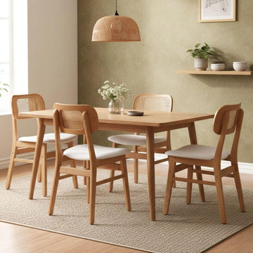 Rattan Dining Chairs Set of 4 Beige Linen Fabric Dining Room Chairs Natural Wooden Kitchen Chairs Farmhouse Boho