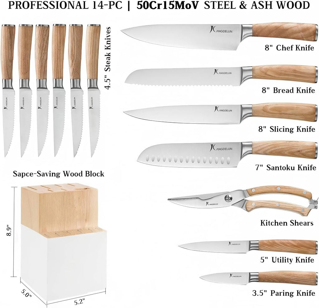 Ultra Sharp 14-Piece Kitchen Knife Set, High Carbon Stainless Steel Blades, Torrefied Natural Wood Handles, Ergonomic