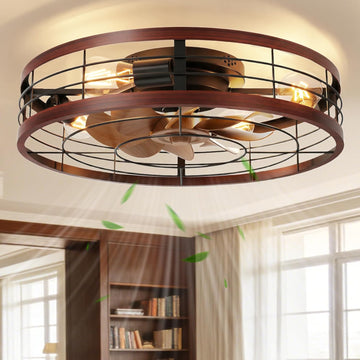 Farmhouse Caged Ceiling Fans with Lights Flush Mount, 23.6'' Rustic Low Profile Ceiling Fan with Light and Remote