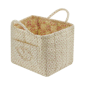 Quilted Fabric Storage Basket with Handles & Pocket, Foldable Laundry Hamper Boho Floral Print Organizer Bin