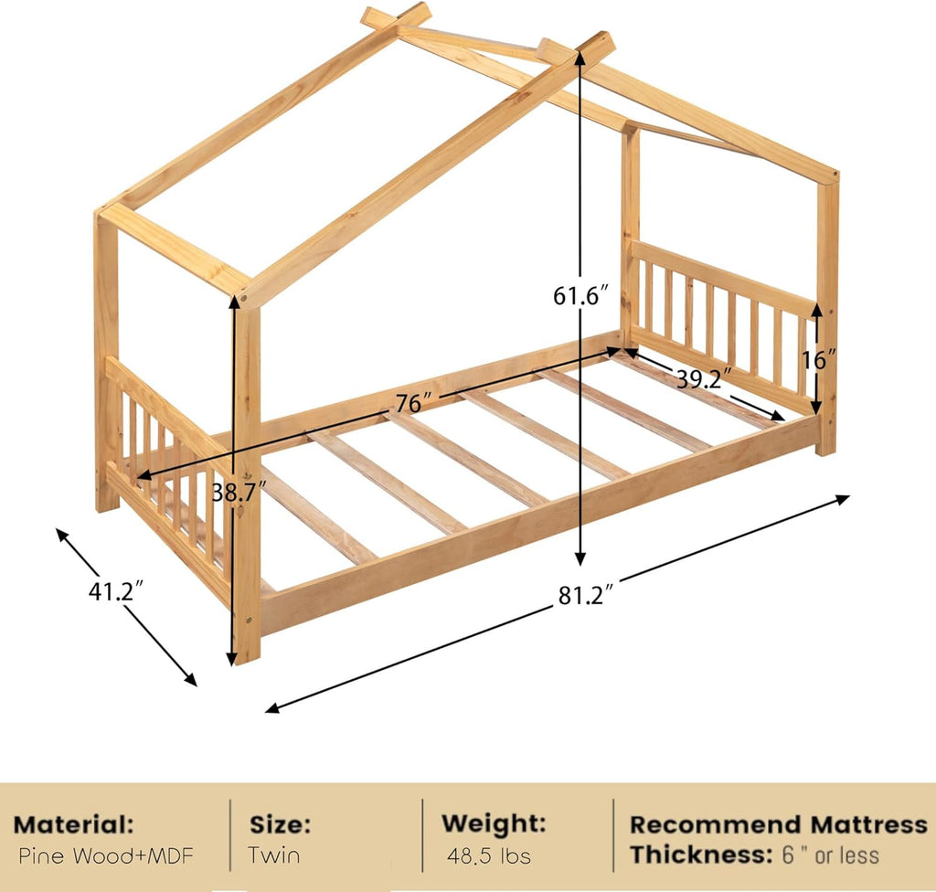 Floor House Beds Wood Montessori Bed Frame Twin Size Platform Bed with Headboard & Footboard for Kids Boys Girls