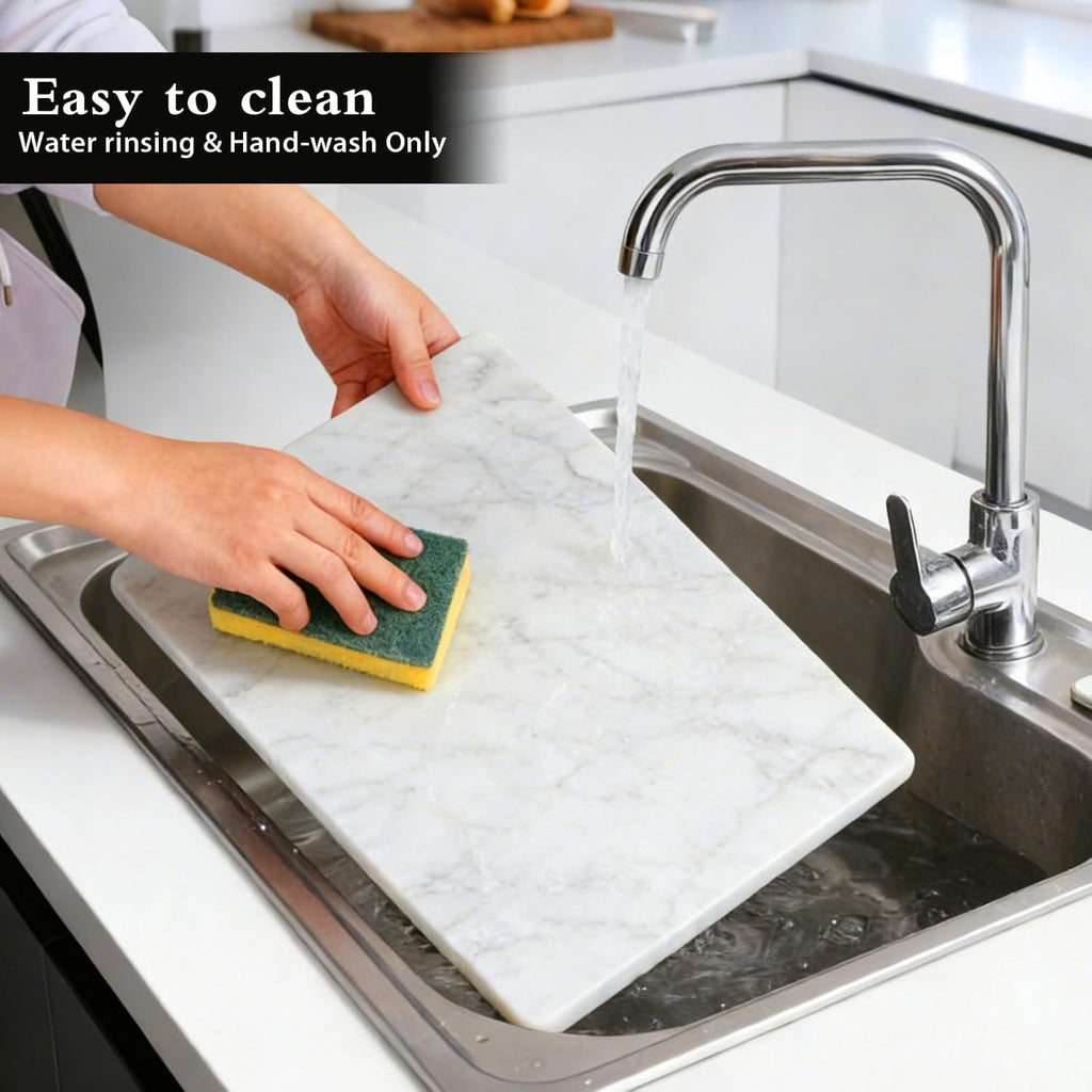 Marble Cutting Board 16×12 Inch Italian Carrara White | Natural stone, 0.59" thick, non-slip feet, stay cool for