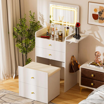 Makeup Vanity Desk with Mirror and Lights, Small 3 in 1 Vanity Table with Visible Glass Top, Flip Top & 3 Drawers
