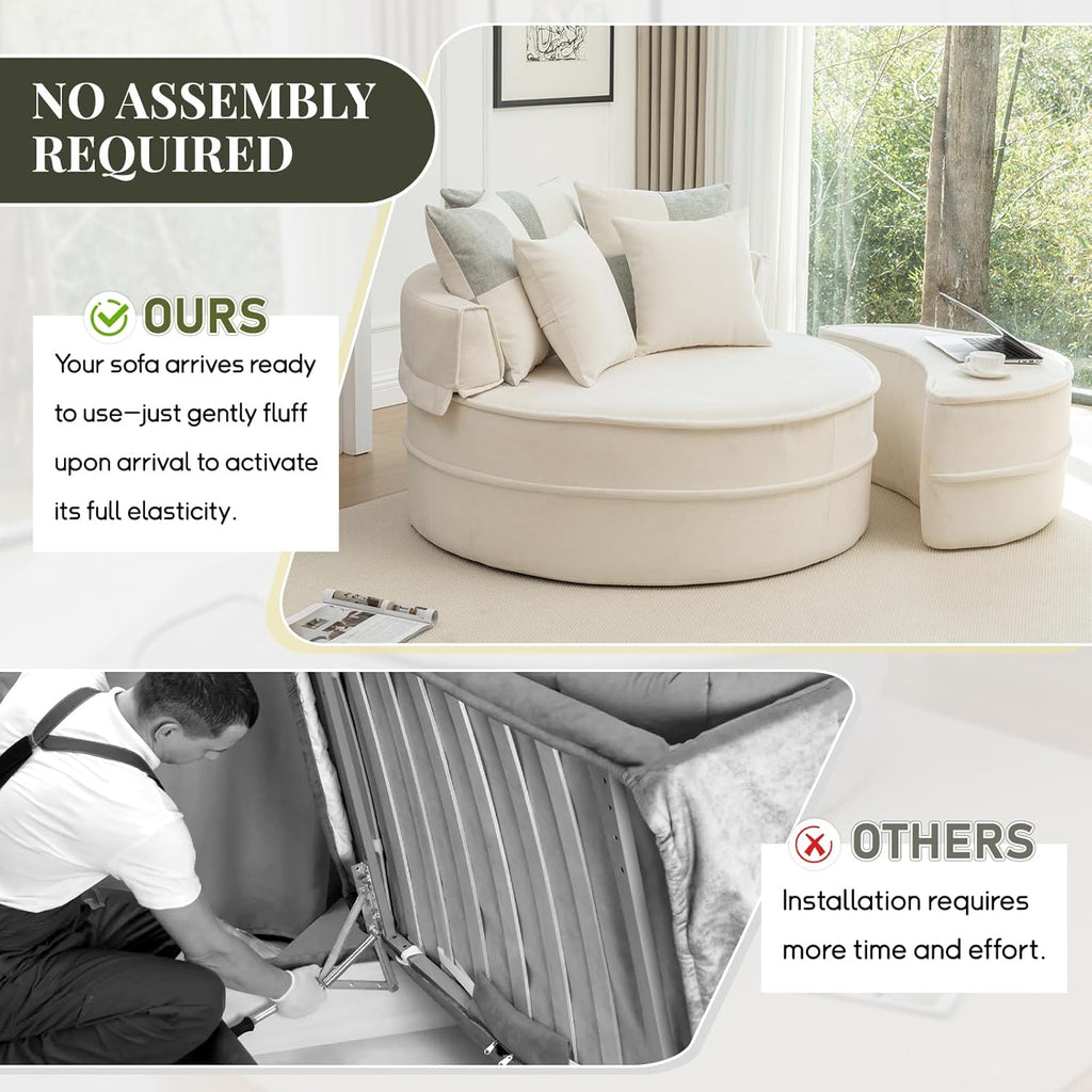 Modern Chaise Lounge Chair and Ottoman — Beige Velvet