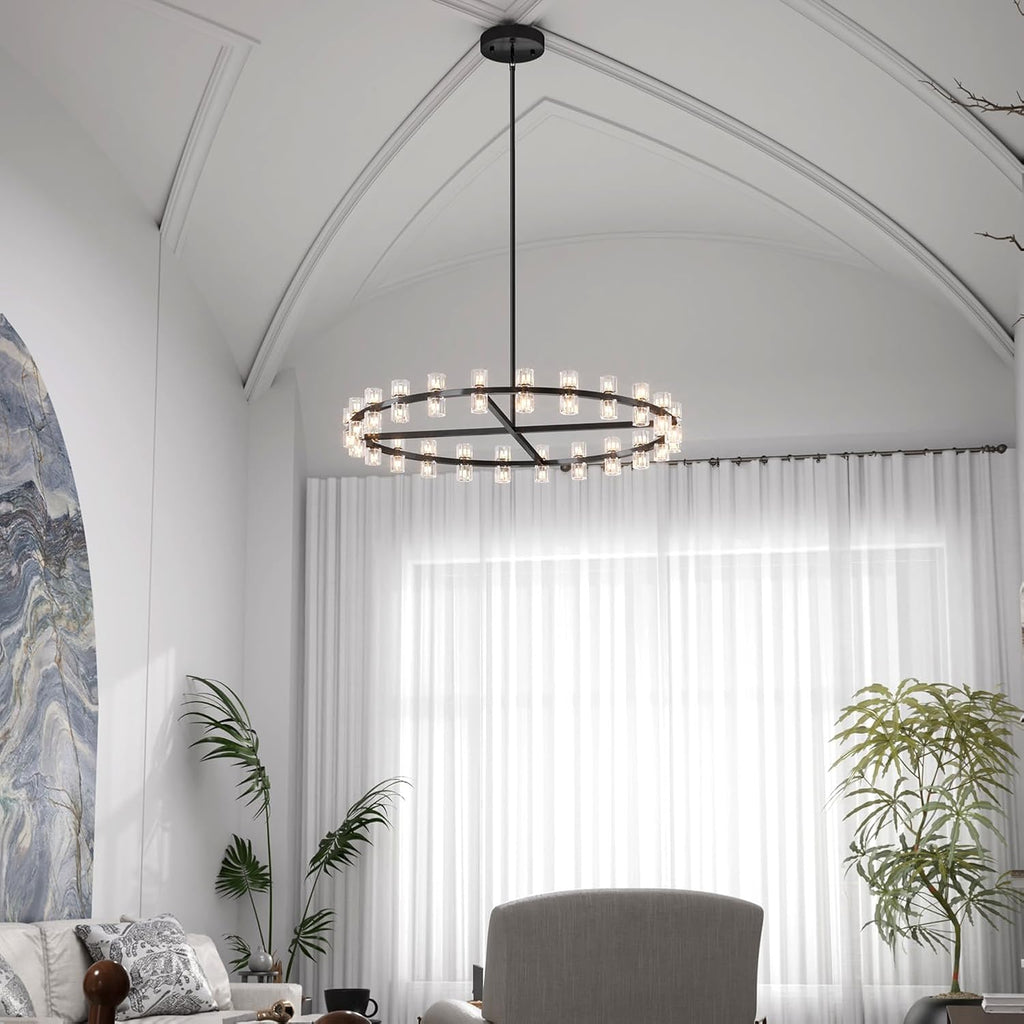 Inspired Arcachon Style Round Wagon Wheel Chandelier, 40" 40-Light Black — Foyer, Dining & Living Room