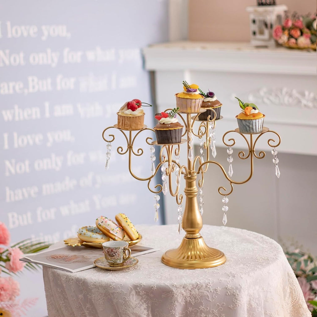 15.3in Gold Candelabra Centerpieces for Tables, 5 Arm Crystal Candelabra for Pillar Candles, Metal Candelabra Candle