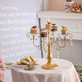 15.3in Gold Candelabra Centerpieces for Tables, 5 Arm Crystal Candelabra for Pillar Candles, Metal Candelabra Candle