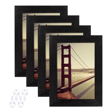 4x6 Picture Frame Black Wood Pattern Set of 4, Display Pictures 3.5x5 with Mat or 4x6 Without Mat, Horizontal and