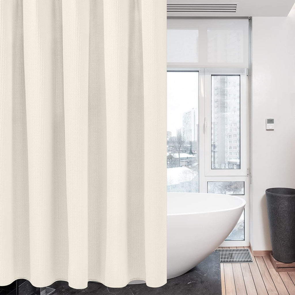Waffle Weave Shower Curtain with Stainless Steel Hooks - 230 GSM Heavy Duty Fabric Bath Curtains, Hotel Luxury