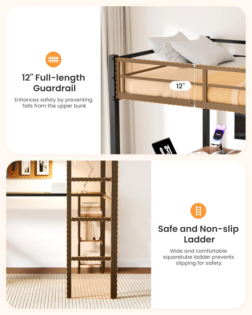 Full Loft Bed with Desk & Open Shelves, Heavy Duty Metal Bed Frame with Safety Guardrails & Ladder