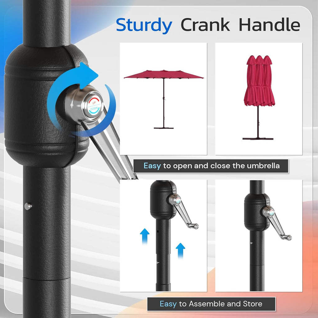 15x9ft Large Patio Umbrella, Outdoor Double-Sided Rectangle Umbrella with Crank Handle