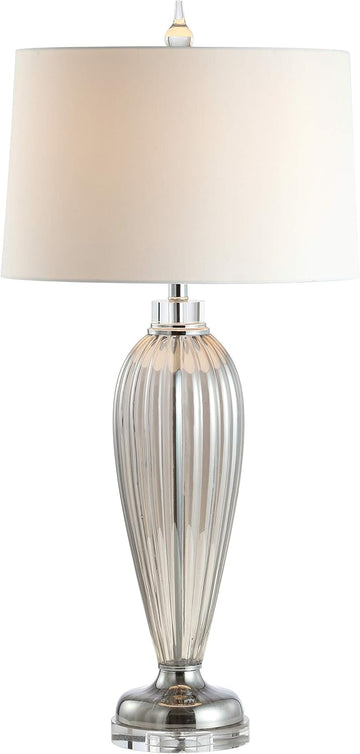 33.5" Smoked Grey Glass/Crystal Table Lamp, Traditional Fluted Glass Column with White Faux Silk Dru