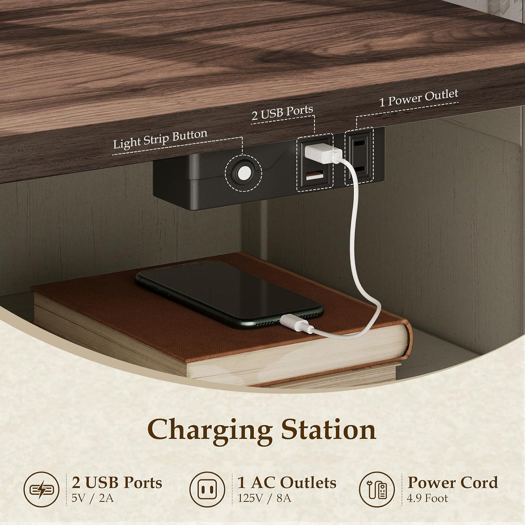Farmhouse Nightstand Set of 2, Bedside Tables with Charging Station & LED Lights, End Tables with Two Drawers and