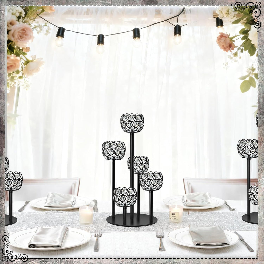 5-Arm Crystal Tealight Candelabra Centerpiece, 14.8 Inch Metal Candle Holder for Table Decor, Wedding, Christmas