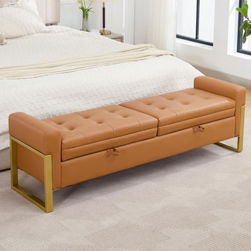 67" Storage Bench End of Bed King Size, Light Brown | Double Lids, Upholstered Faux Leather Storage Bench with Golden