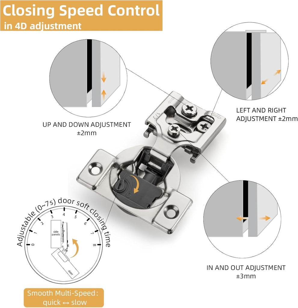 [Closing Speed Control] 10 Pack 1/2 Inch Overlay Soft Close Hinges for Face Frame Cabinet, 4D Adjustment, Stainless