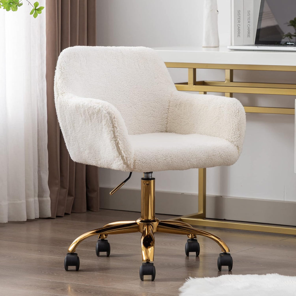 Faux Fur Office Desk Chair, Comfy Swivel Armchair with Wheels, Upholstered Fuzzy Vanity Chair, Adjustable Height, White