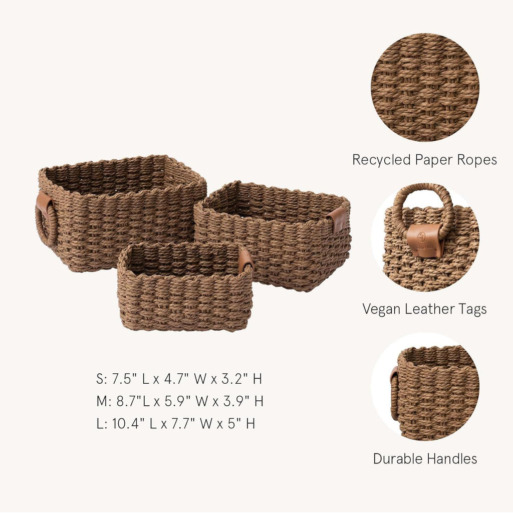 Small Wicker Baskets for Organizing, Brown 3 Pack | Decorative Organizer with Vegan Leather Tag, Round Handle