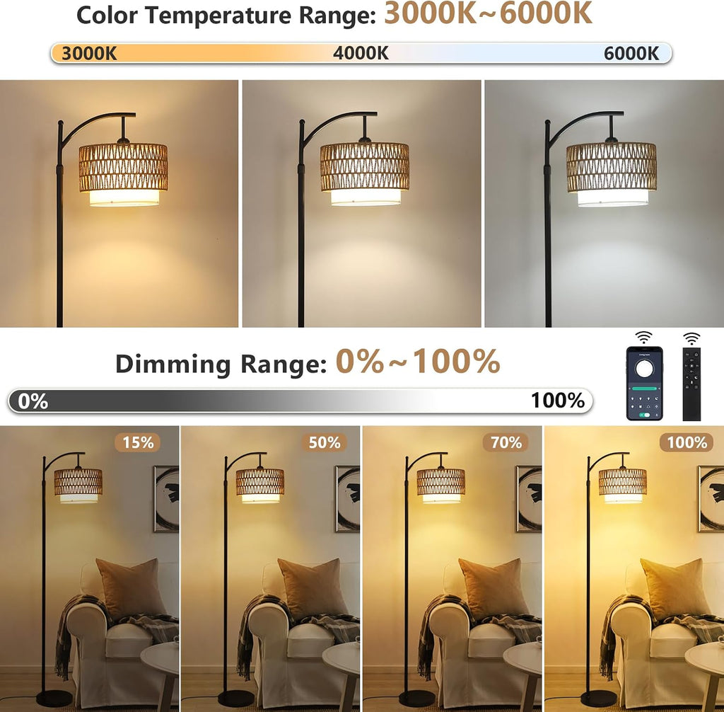 Arc Floor Lamp with 3 Color Temperatures, Farmhouse Floor Lamps with Remote & Dimmable Bulb