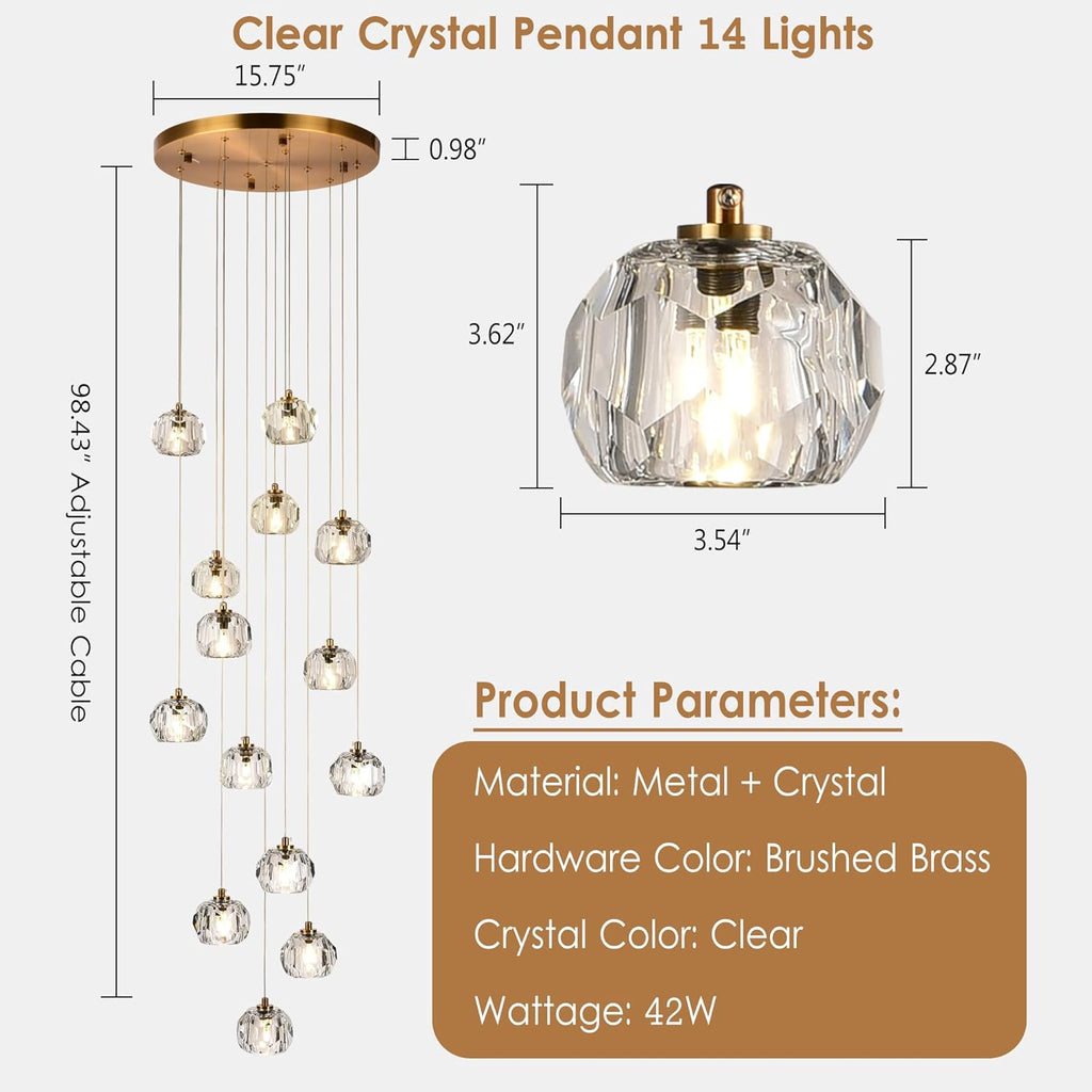 14-Light Crystal Chandeliers, 42W Raindrop Pendant Light Chandelier Large, Brass High Ceiling Chandelier Pendant Lighting with Clear Cut Crystal for Staircase Foyer Living Room