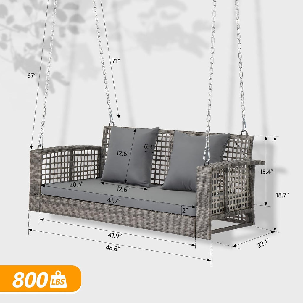 4FT Rattan Swing Bench, Outdoor Wicker Hanging Porch Swing (Grey) | 2 Person Patio Bench Swings, Adult Swing for