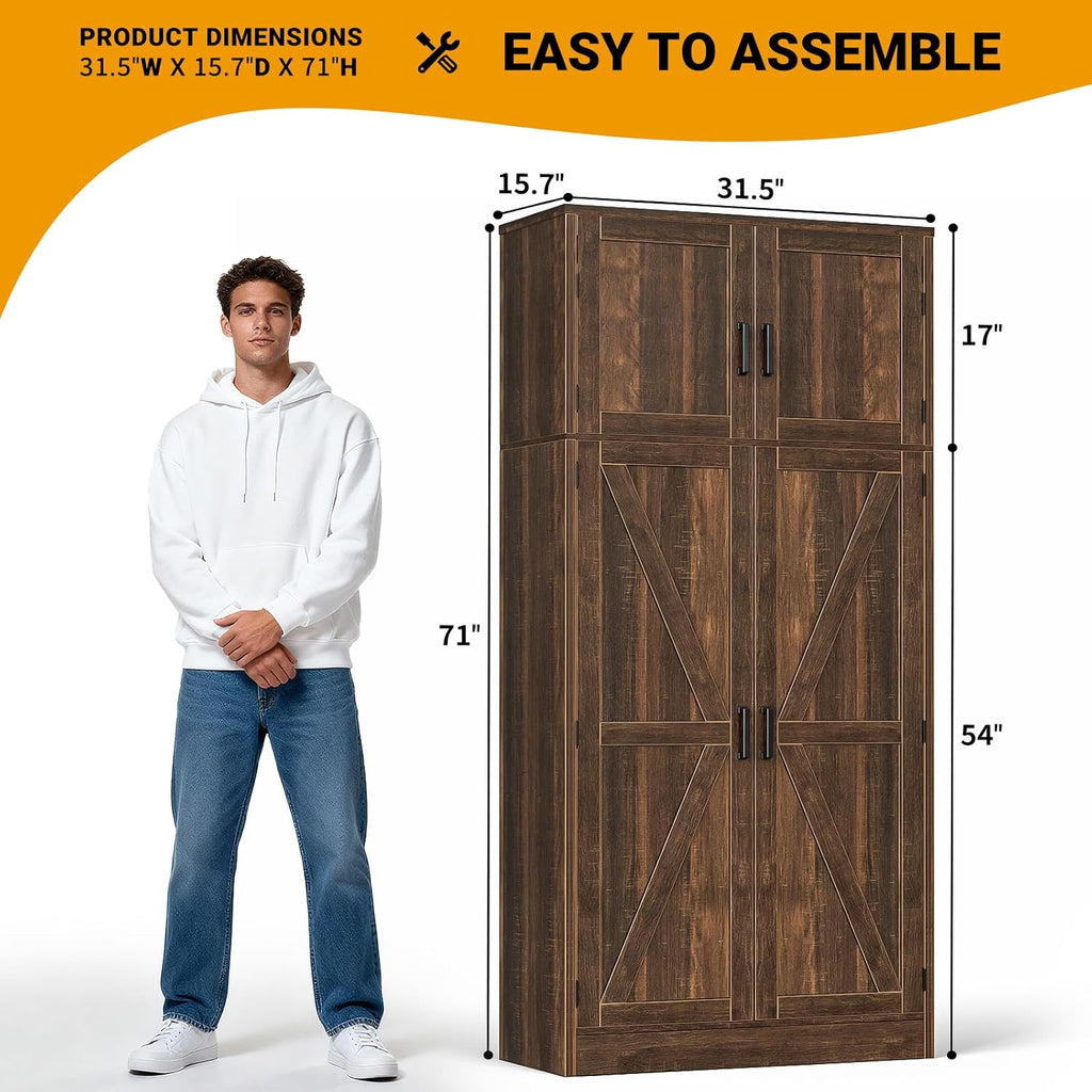 71" Tall Kitchen Pantry Storage Cabinet with Adjustable Shelves | Large Farmhouse Storage Cupboard, Barn Doors