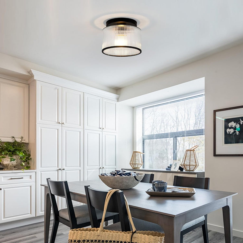 Glass Ceiling Light, Clear Ribbed Glass Ceiling Light Fixture with Black Metal Frame, Modern Semi Flush Mount Ceiling