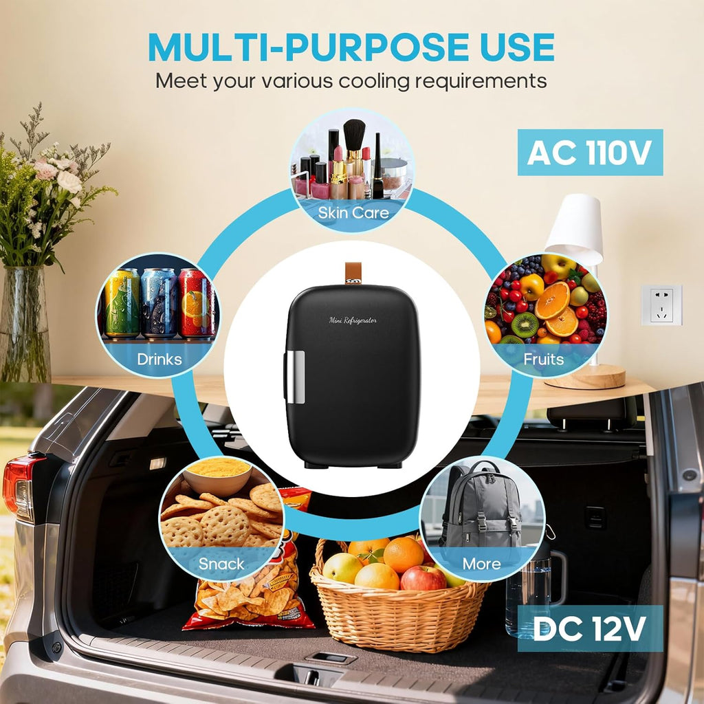 Mini Fridge for Bedroom, 4L Compact Personal Fridge Cooler For Skincare, Drinks, And Snacks, Fits 6 Cans, Mini