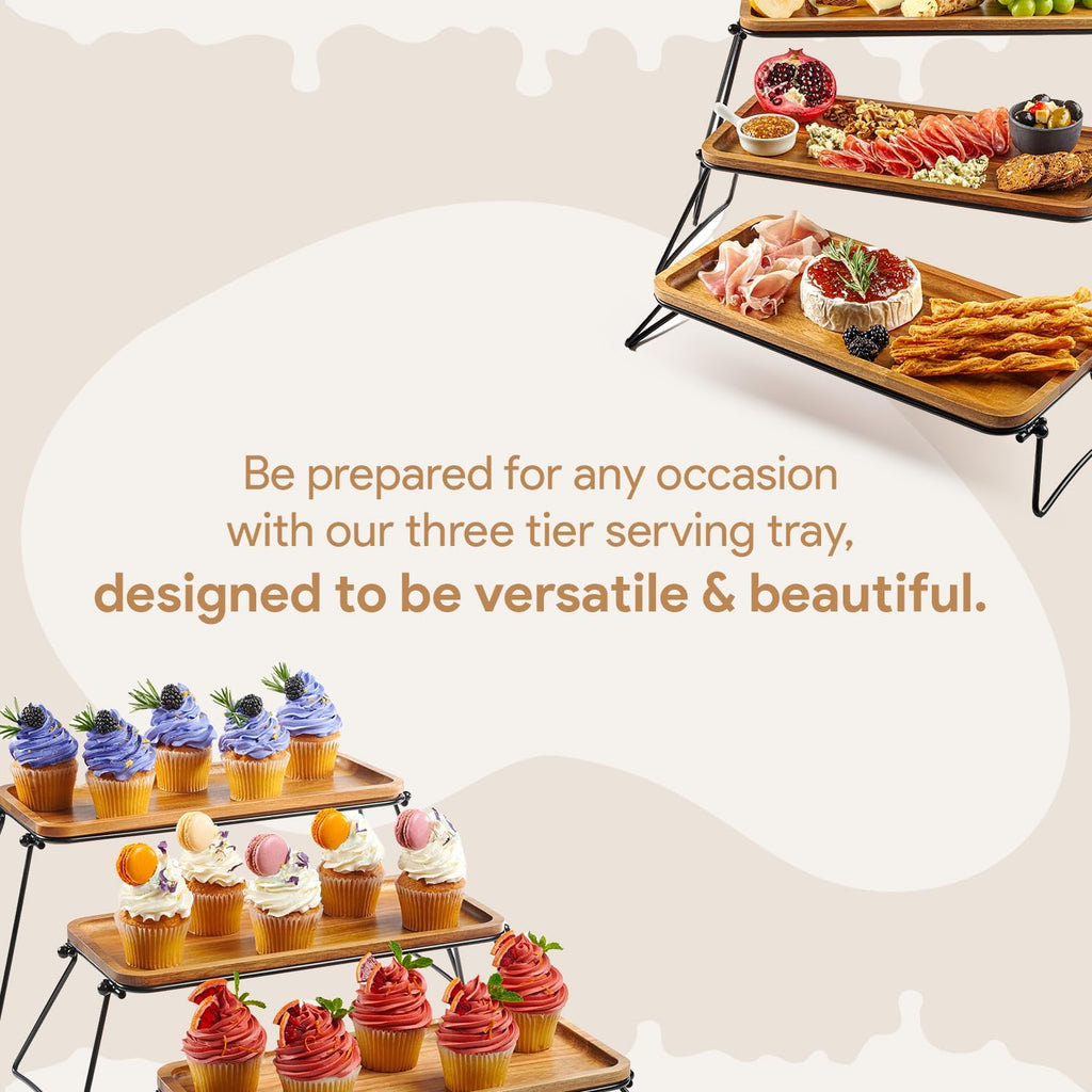 3 Tiered Tray Stand - Acacia Wood 3 Tier Serving Tray, Cupcake, Cake, Charcuterie Boards & Food Stand, Dessert Table