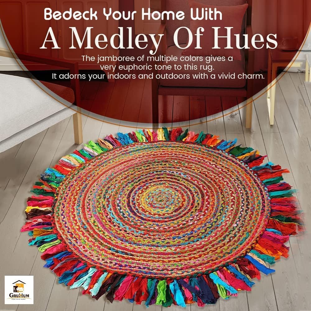 Jute Area Rug 6ft-Natural Fiber Round Cotton Fringes Handmade Boho Multicolour Soft Braided Rustic V