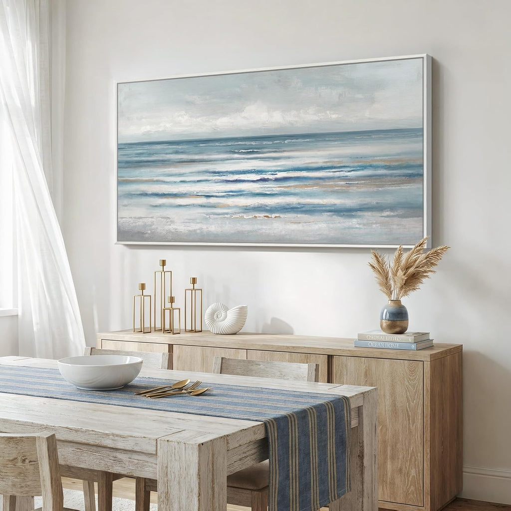 Large Framed Coastal Abstract Landscape Wall Art , Horizontal Beach Wave Scenic Canvas Artwork for Walls, Ocean
